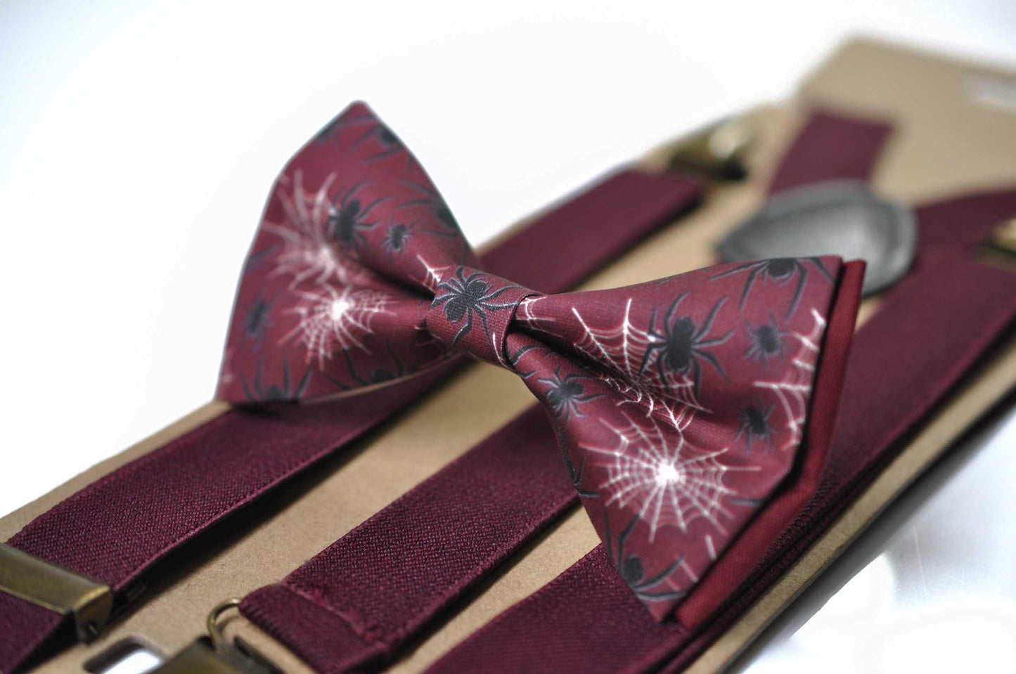Halloween Black Spider Burgundy Red Bow tie Bowtie + Wine Red Suspenders Braces for Men / Youth Teenage / Boys Kids / Baby Infant Toddler