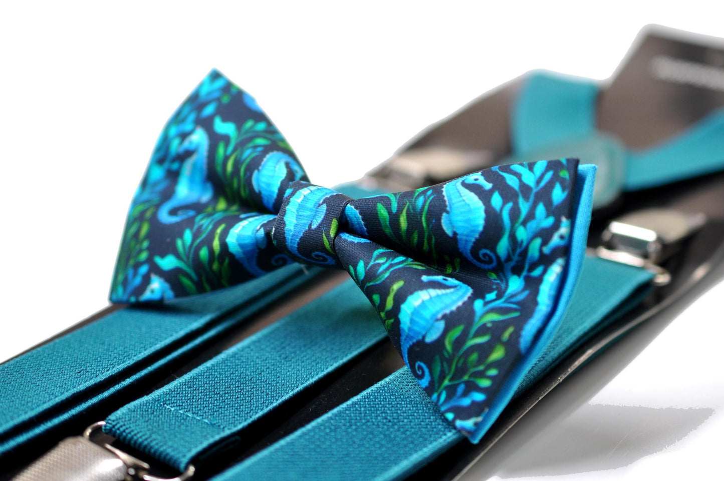 Blue Seahorse & Seaweed Black Bow tie Bowtie + Teal Suspenders Braces for Men / Youth Teenage/ Boys Kids / Baby Infant Toddler