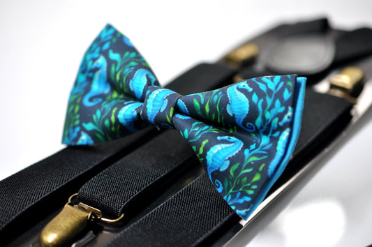 Blue Seahorse & Seaweed Black Bow tie Bowtie + Black Suspenders Braces for Men / Youth Teenage/ Boys Kids / Baby Infant Toddler