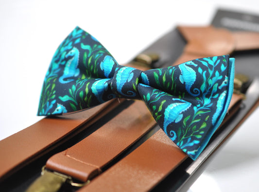 Blue Seahorse & Seaweed Black Bow tie Bow tie Fathers day Bowtie + Tan Brown Suspenders Braces Men / Youth / Boys Kids / Baby Infant Toddler
