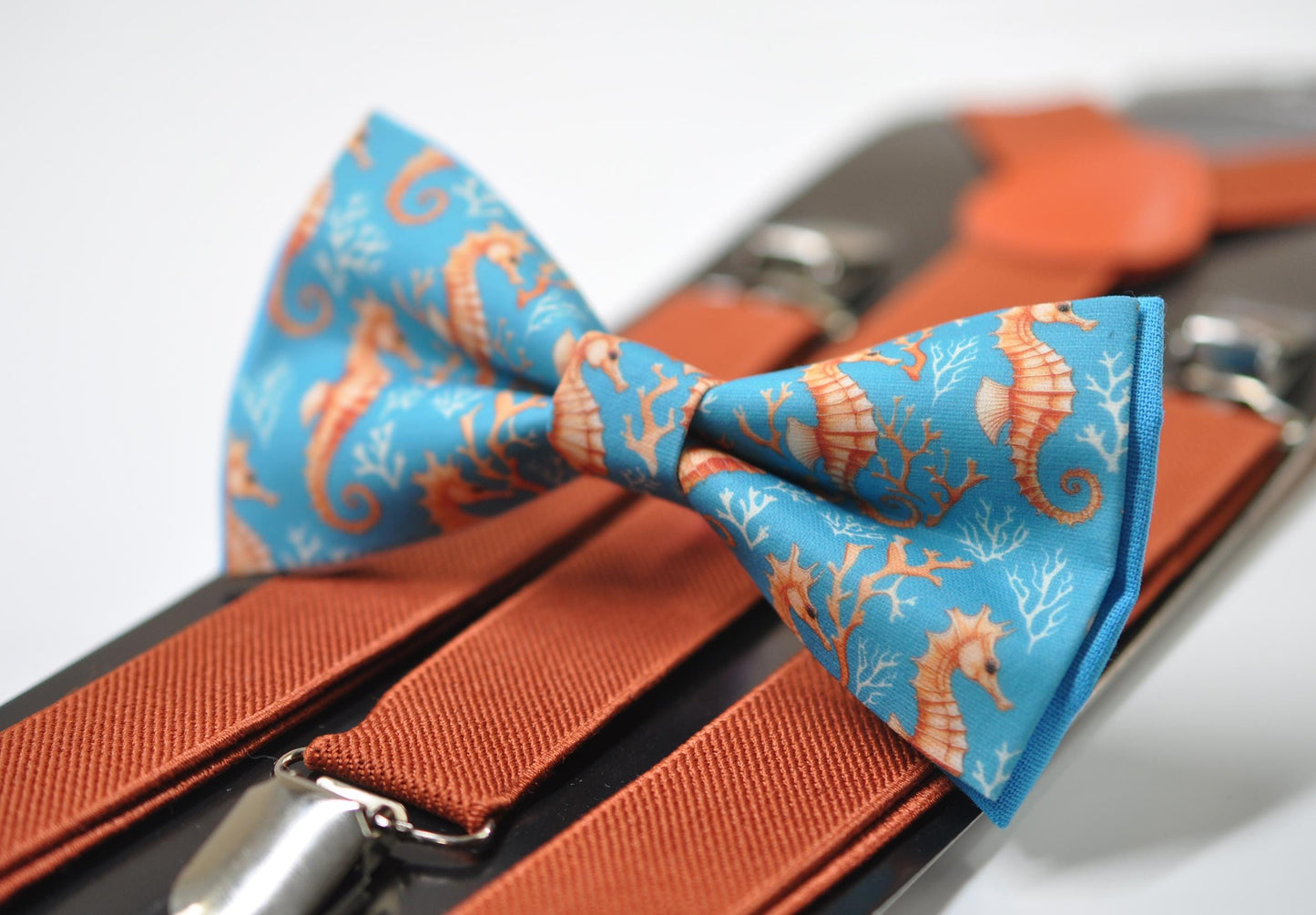 Gold Seahorse & Seaweed Blue Bow tie Bowtie + Burnt Orange Suspenders Braces for Men / Youth Teenage/ Boys Kids / Baby Infant Toddler