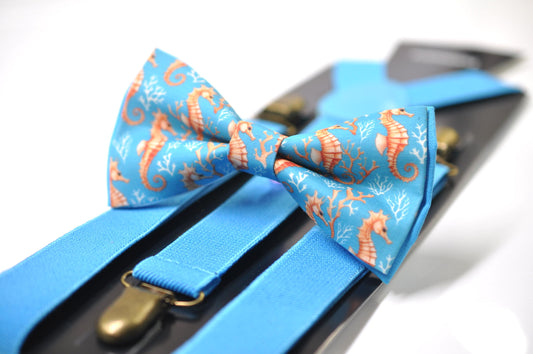 Gold Seahorse & Seaweed Blue Bow tie Bowtie + Sky Blue Suspenders Braces for Men / Youth Teenage/ Boys Kids / Baby Infant Toddler