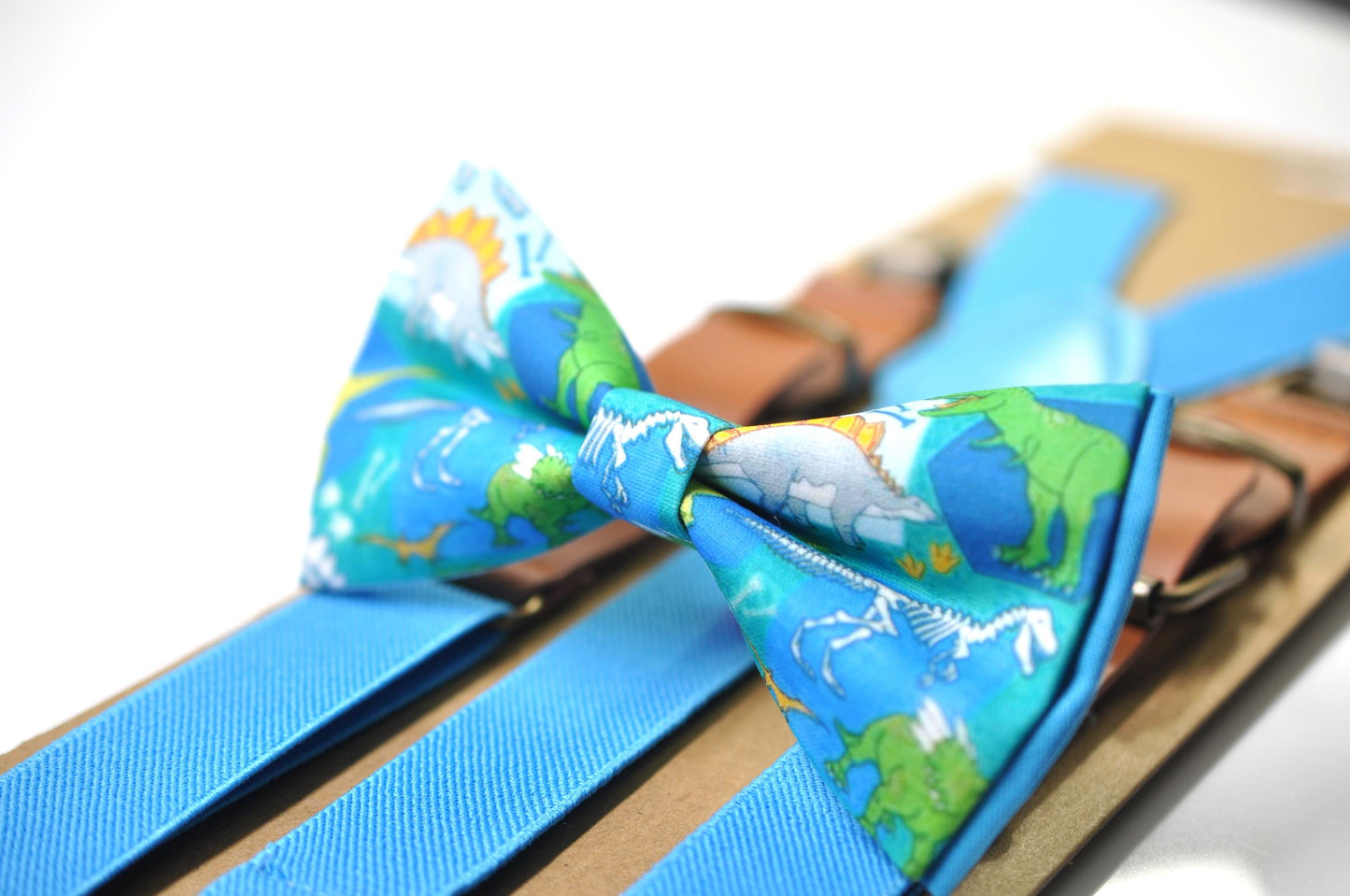 Blue Dinosaur Cotton Bow tie Bowtie + Sky Blue Suspenders Braces for Men / Youth Teenage/ Boys Kids / Baby Infant Toddler