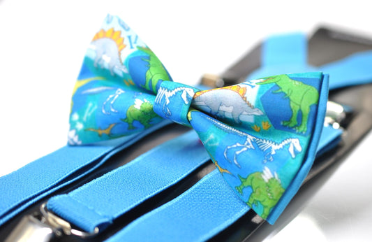 Blue Dinosaur Cotton Bow tie Bowtie + Sky Blue Suspenders Braces for Men / Youth Teenage/ Boys Kids / Baby Infant Toddler