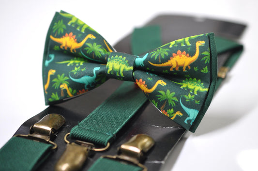 Dinosaur Green Cotton Bow tie Bowtie + Emerald Green Suspenders Braces for Men / Youth Teenage/ Boys Kids / Baby Infant Toddler
