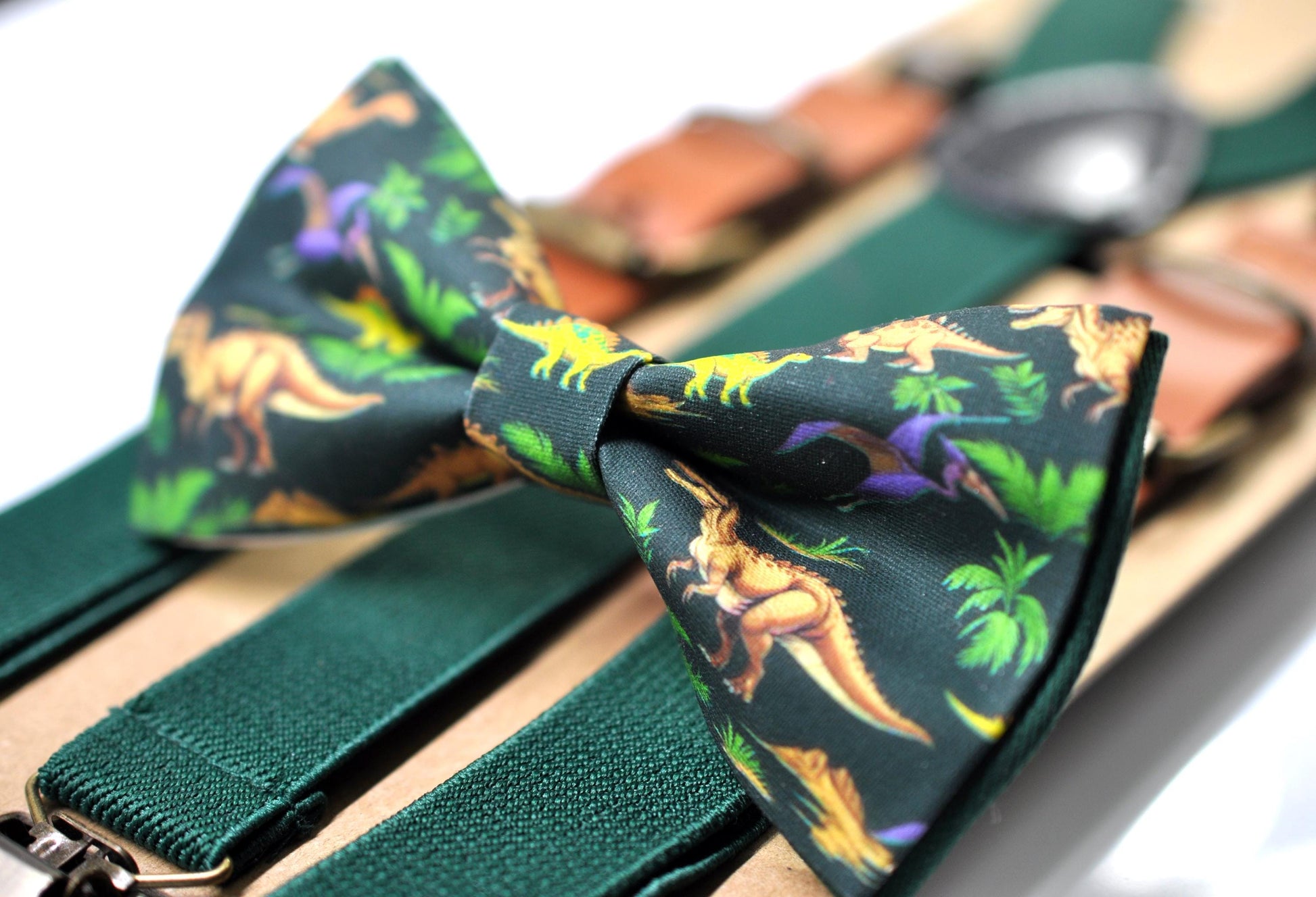 Dinosaur Green Cotton Bow tie Bowtie + Emerald Green Suspenders Braces for Men / Youth Teenage/ Boys Kids / Baby Infant Toddler