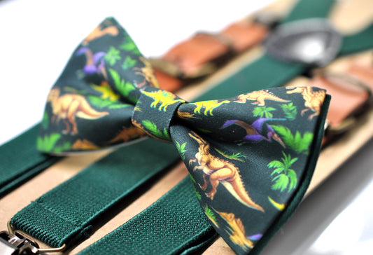 Dinosaur Green Cotton Bow tie Bowtie + Emerald Green Suspenders Braces for Men / Youth Teenage/ Boys Kids / Baby Infant Toddler
