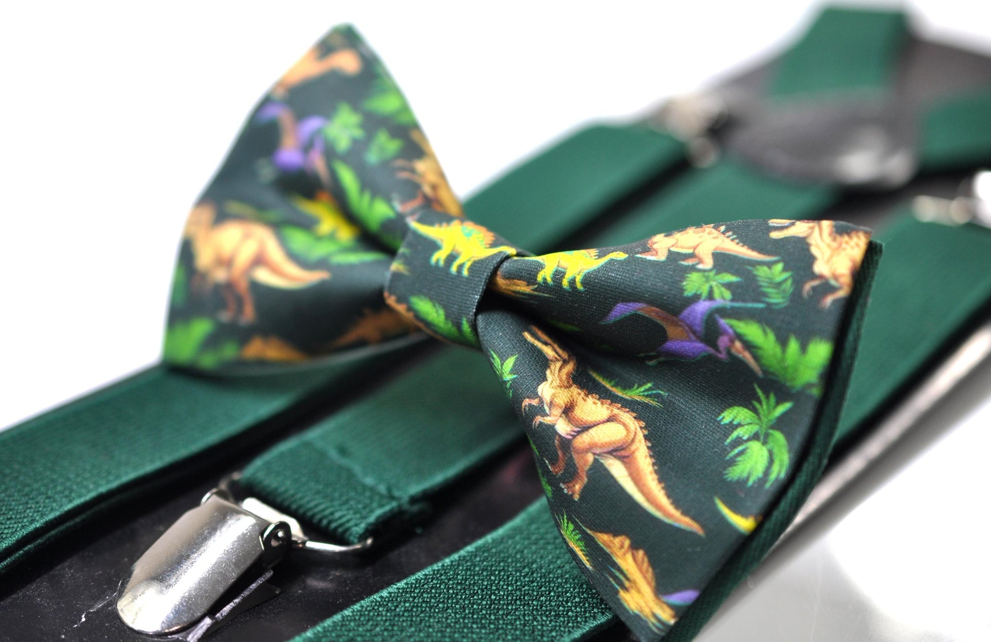 Dinosaur Green Cotton Bow tie Bowtie + Emerald Green Suspenders Braces for Men / Youth Teenage/ Boys Kids / Baby Infant Toddler