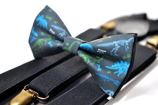 Blue Green Dinosaur Black Cotton Bow tie Bowtie + Black Elastic Suspenders Braces for Men / Youth Teenage/ Boys Kids / Baby Infant Toddler