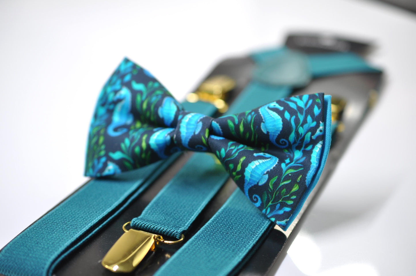Blue Seahorse & Seaweed Black Bow tie Bowtie + Teal Suspenders Braces for Men / Youth Teenage/ Boys Kids / Baby Infant Toddler