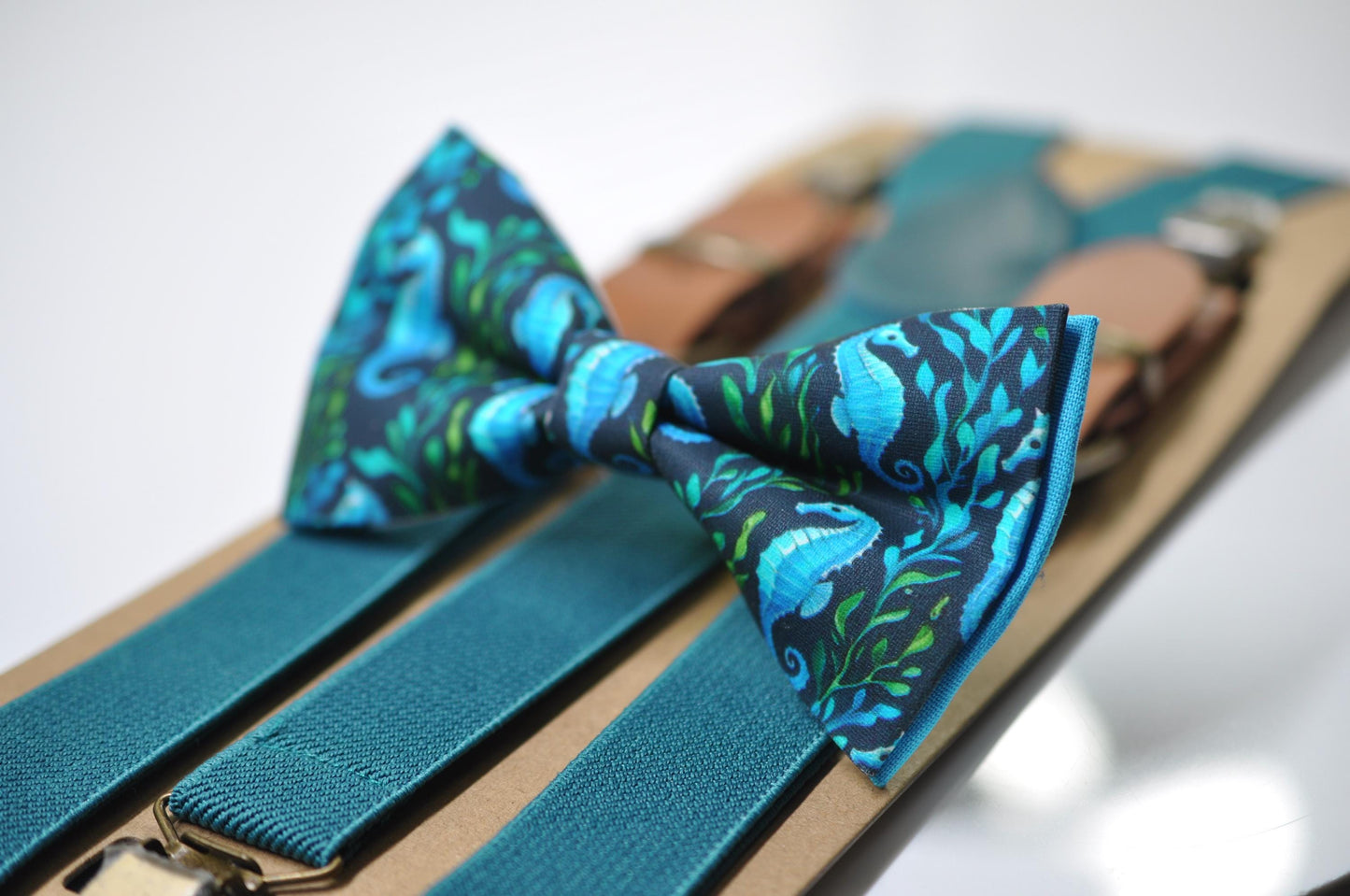 Blue Seahorse & Seaweed Black Bow tie Bowtie + Teal Suspenders Braces for Men / Youth Teenage/ Boys Kids / Baby Infant Toddler