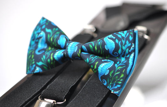 Blue Seahorse & Seaweed Black Bow tie Bowtie + Black Suspenders Braces for Men / Youth Teenage/ Boys Kids / Baby Infant Toddler