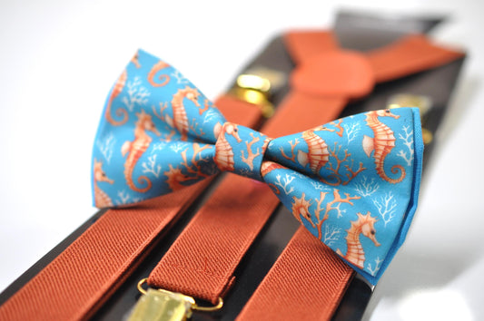 Gold Seahorse & Seaweed Blue Bow tie Bowtie + Burnt Orange Suspenders Braces for Men / Youth Teenage/ Boys Kids / Baby Infant Toddler