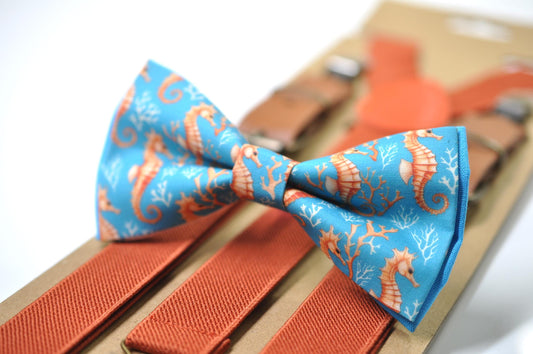 Gold Seahorse & Seaweed Blue Bow tie Bowtie + Burnt Orange Suspenders Braces for Men / Youth Teenage/ Boys Kids / Baby Infant Toddler