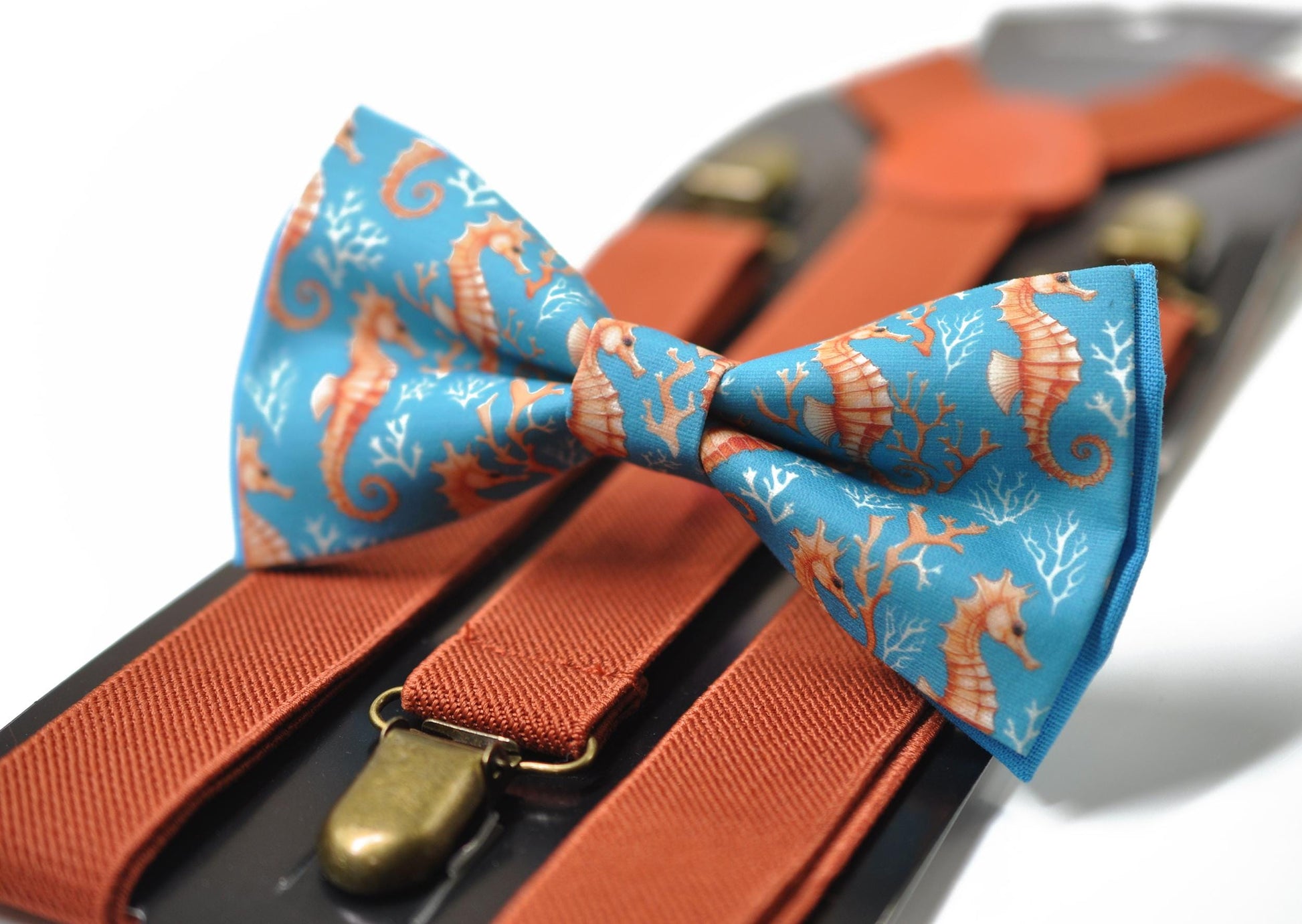 Gold Seahorse & Seaweed Blue Bow tie Bowtie + Burnt Orange Suspenders Braces for Men / Youth Teenage/ Boys Kids / Baby Infant Toddler