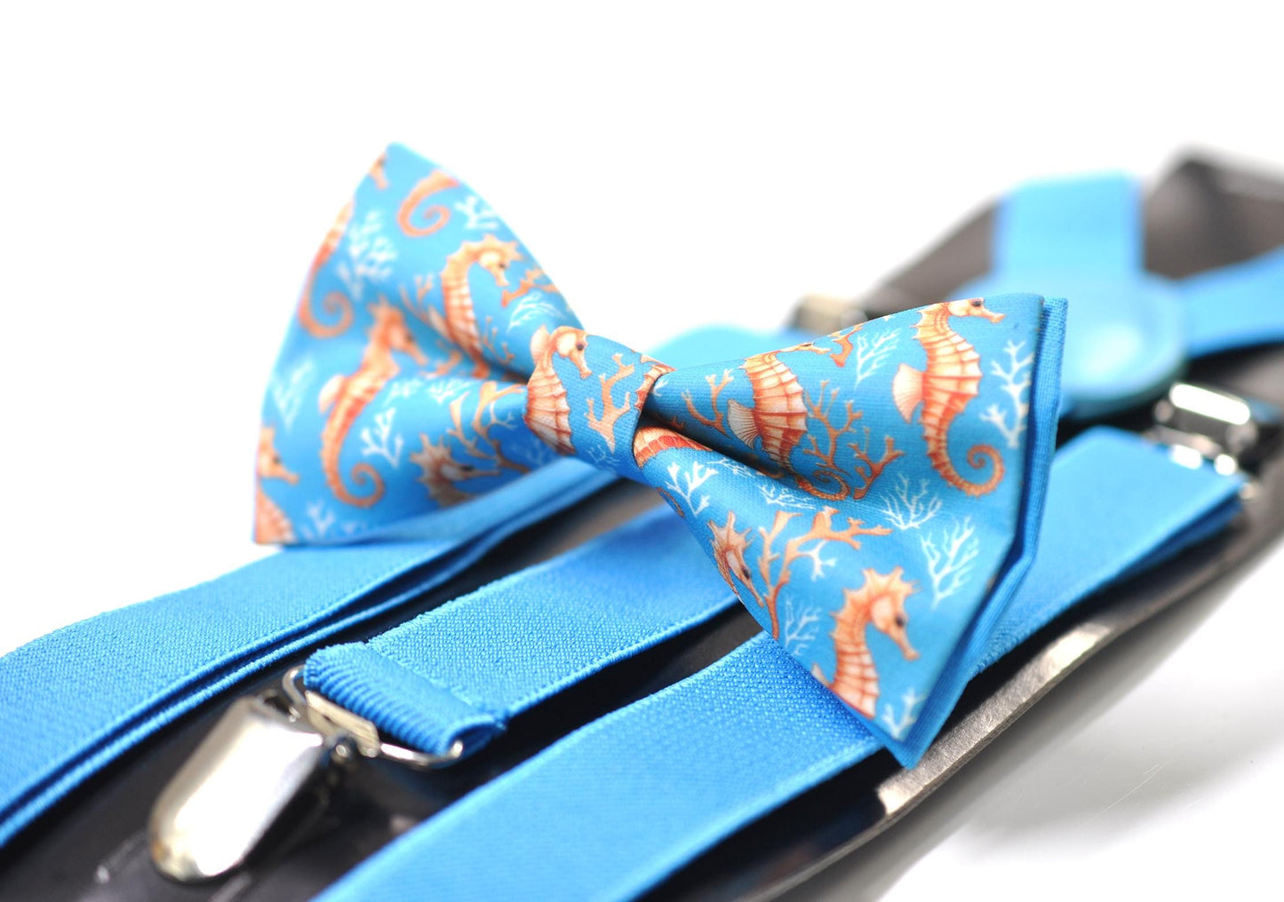 Gold Seahorse & Seaweed Blue Bow tie Bowtie + Sky Blue Suspenders Braces for Men / Youth Teenage/ Boys Kids / Baby Infant Toddler