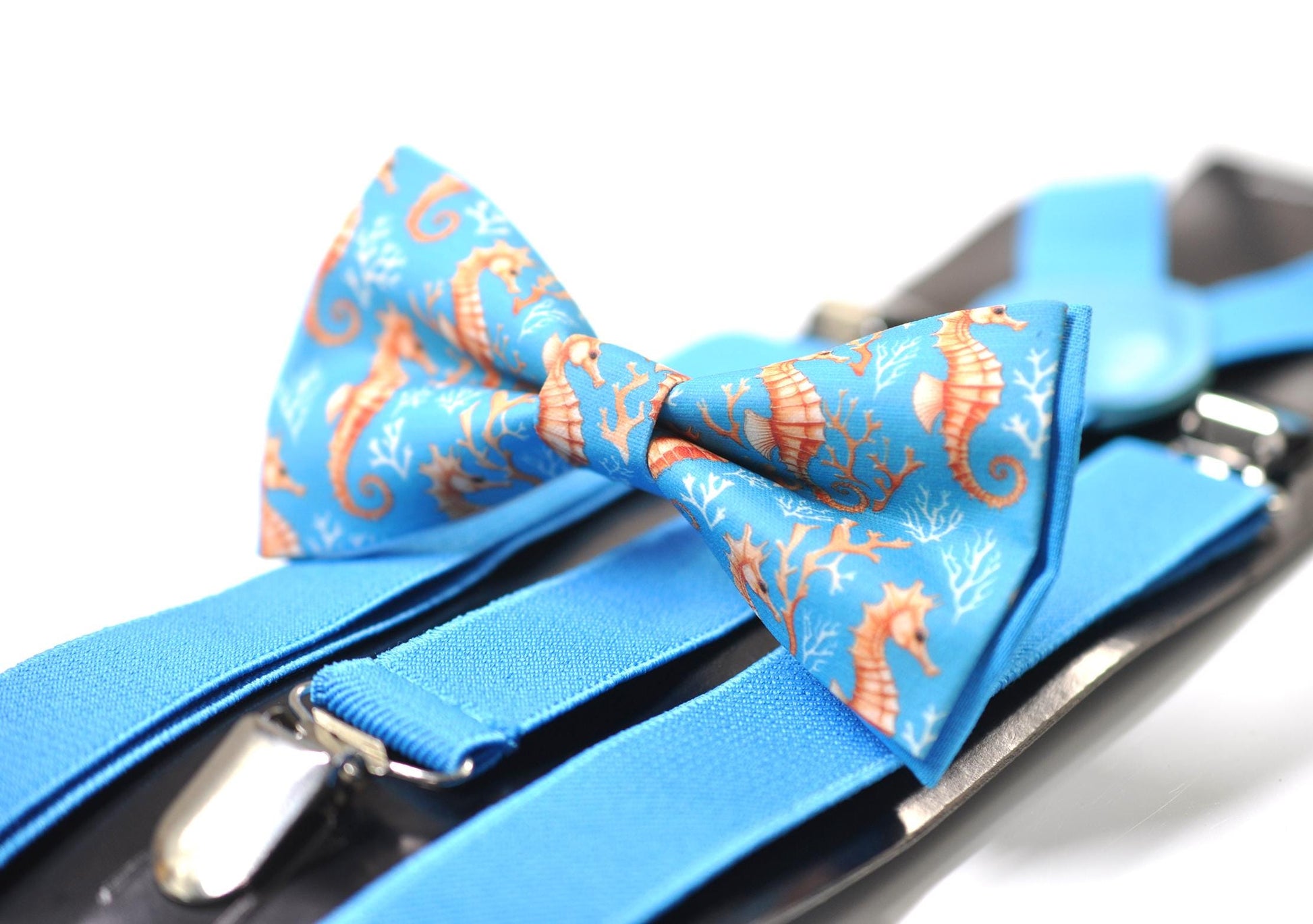 Gold Seahorse & Seaweed Blue Bow tie Bowtie + Sky Blue Suspenders Braces for Men / Youth Teenage/ Boys Kids / Baby Infant Toddler