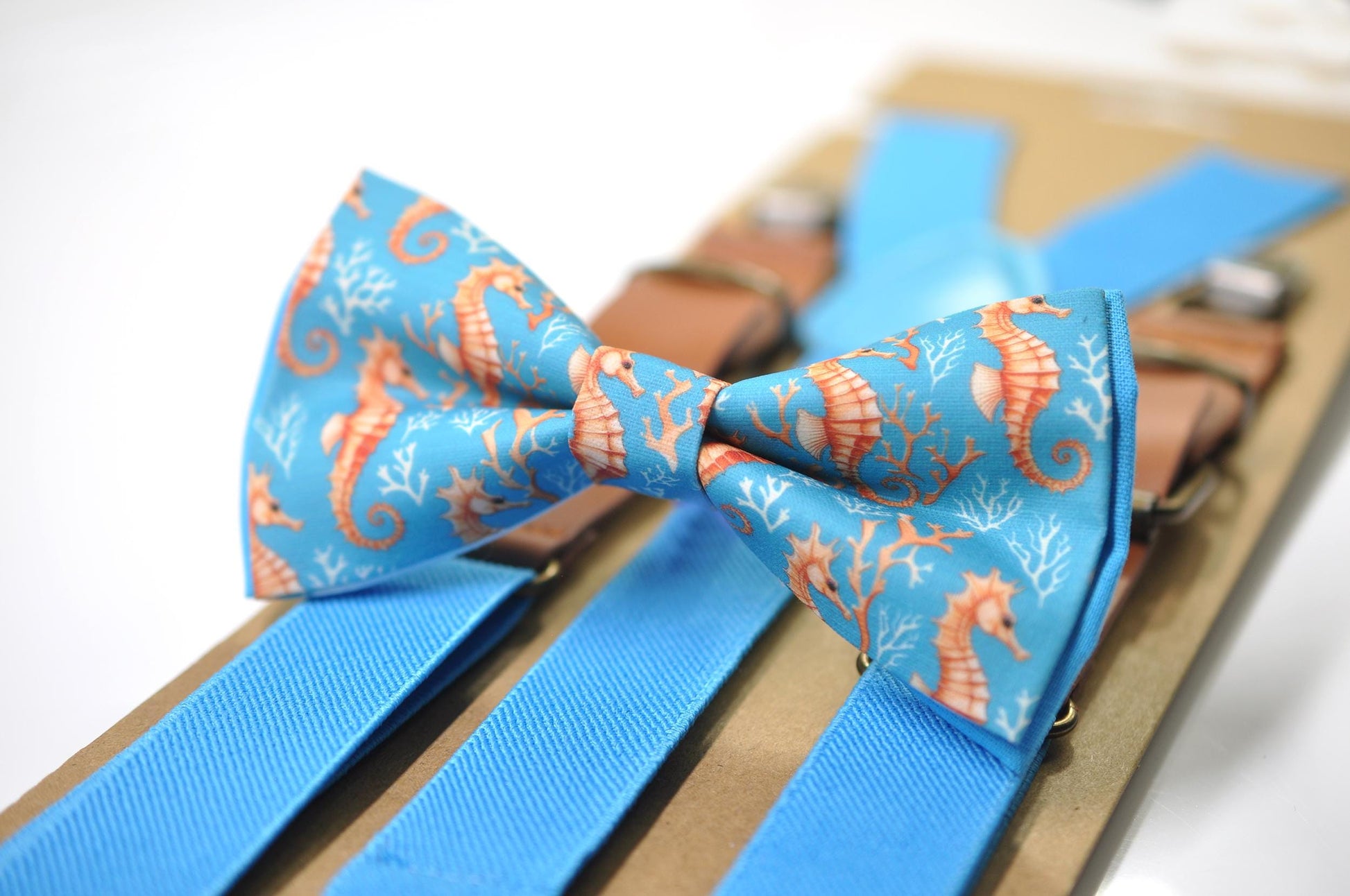 Gold Seahorse & Seaweed Blue Bow tie Bowtie + Sky Blue Suspenders Braces for Men / Youth Teenage/ Boys Kids / Baby Infant Toddler