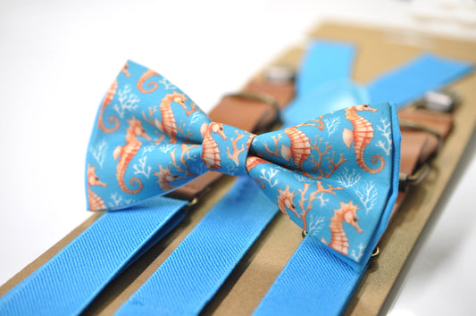 Gold Seahorse & Seaweed Blue Bow tie Bowtie + Sky Blue Suspenders Braces for Men / Youth Teenage/ Boys Kids / Baby Infant Toddler