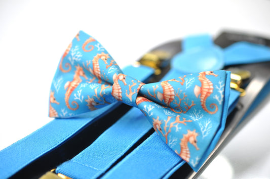 Blue Dinosaur Cotton Bow tie Bowtie + Sky Blue Suspenders Braces for Men / Youth Teenage/ Boys Kids / Baby Infant Toddler