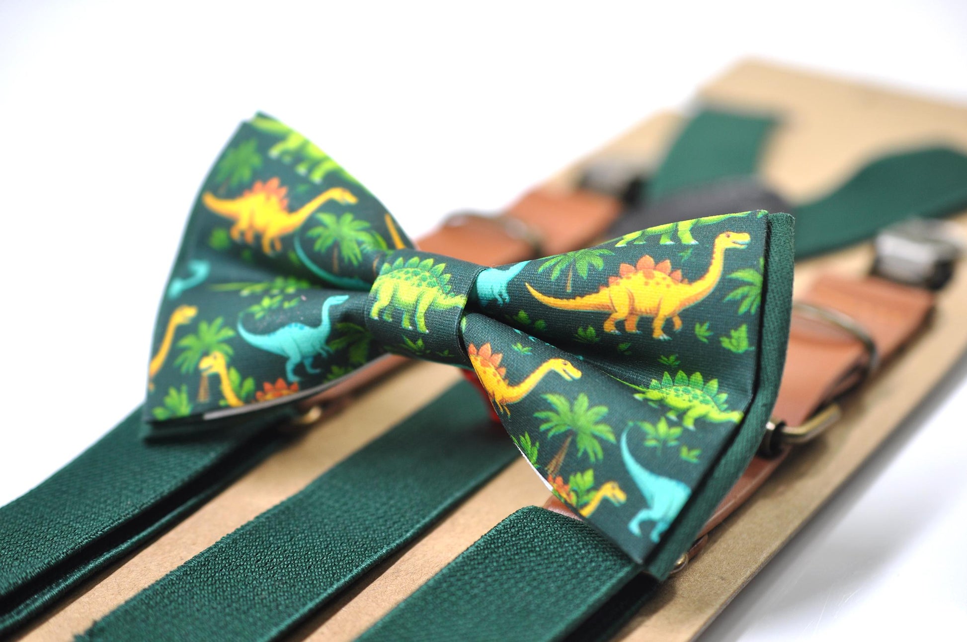 Dinosaur Green Cotton Bow tie Bowtie + Emerald Green Suspenders Braces for Men / Youth Teenage/ Boys Kids / Baby Infant Toddler