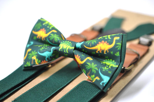 Dinosaur Green Cotton Bow tie Bowtie + Emerald Green Suspenders Braces for Men / Youth Teenage/ Boys Kids / Baby Infant Toddler