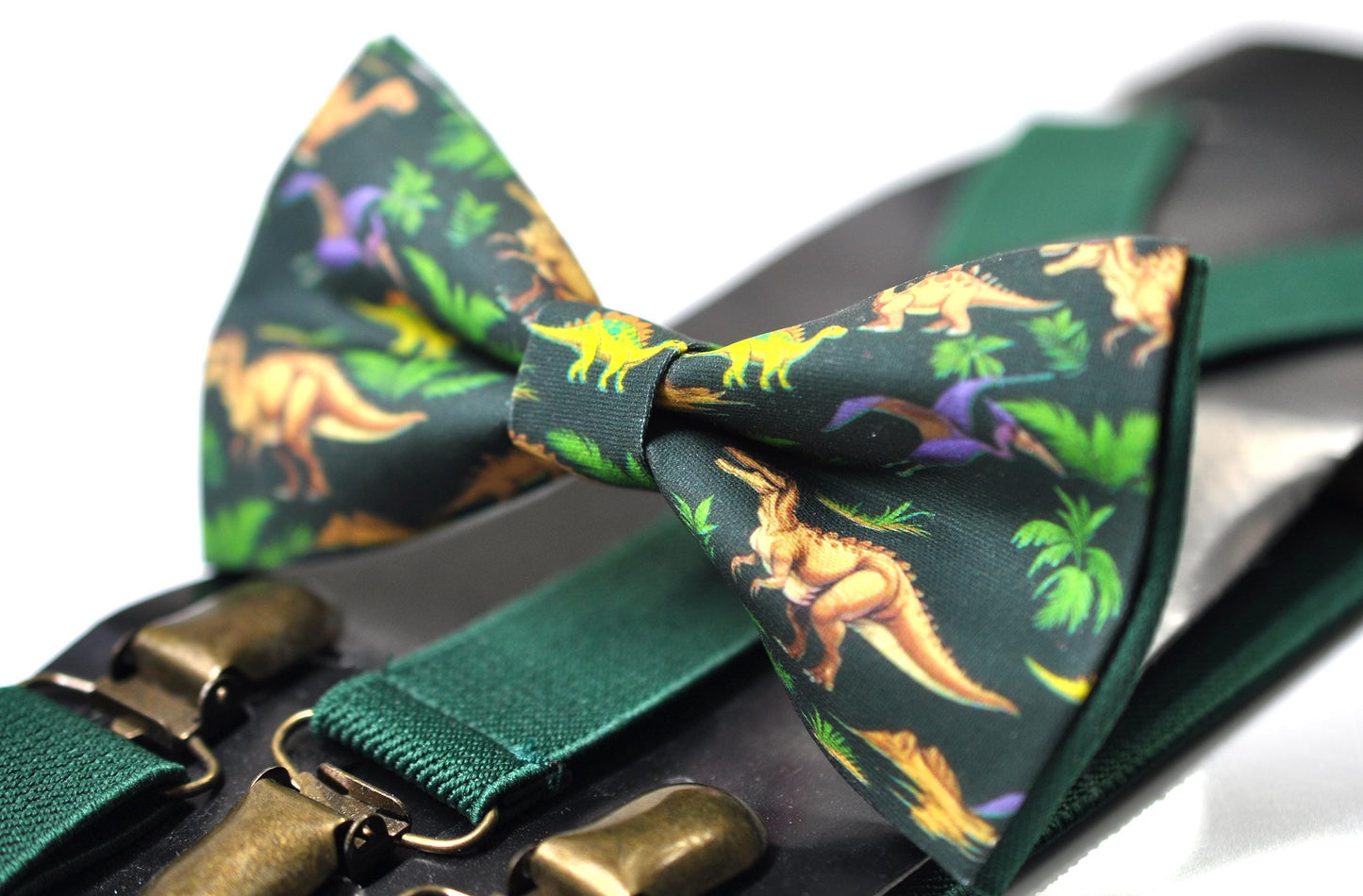 Dinosaur Green Cotton Bow tie Bowtie + Emerald Green Suspenders Braces for Men / Youth Teenage/ Boys Kids / Baby Infant Toddler