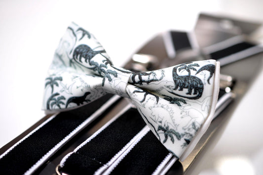 Black Dinosaur White Cotton Bow tie Bowtie + White BLACK Suspenders Braces for Men / Youth Teenage/ Boys Kids / Baby Infant Toddler