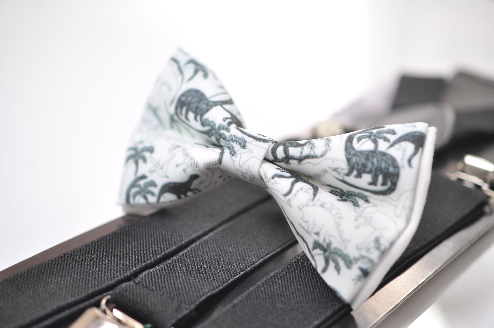 Black Dinosaur White Cotton Bow tie Bowtie + BLACK Suspenders Braces for Men / Youth Teenage/ Boys Kids / Baby Infant Toddler