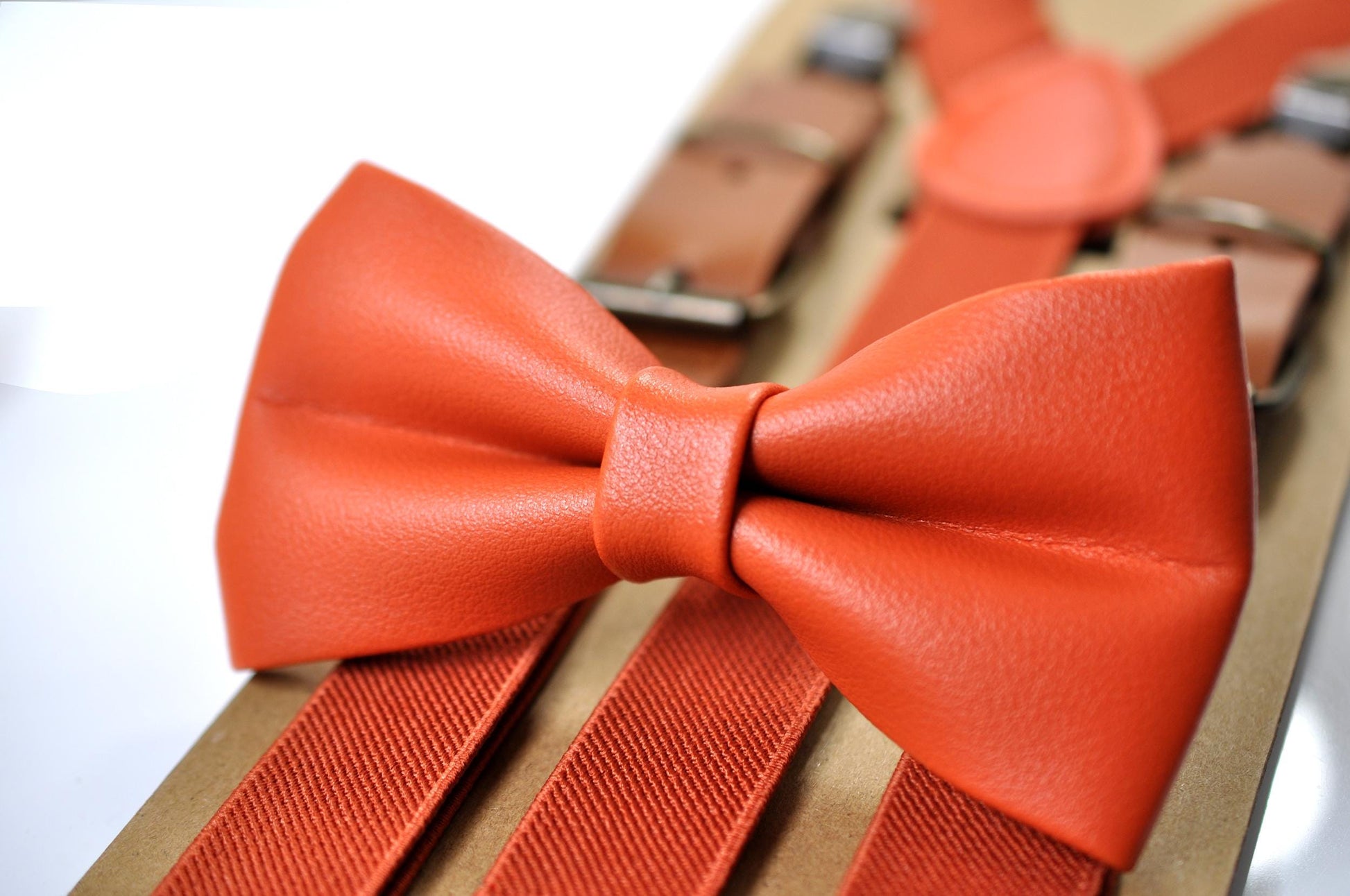 Burnt Orange Faux Leather Bow tie + Matched Suspenders Braces for Baby infant Toddler / Boy Kids / Youth Teenage / Men