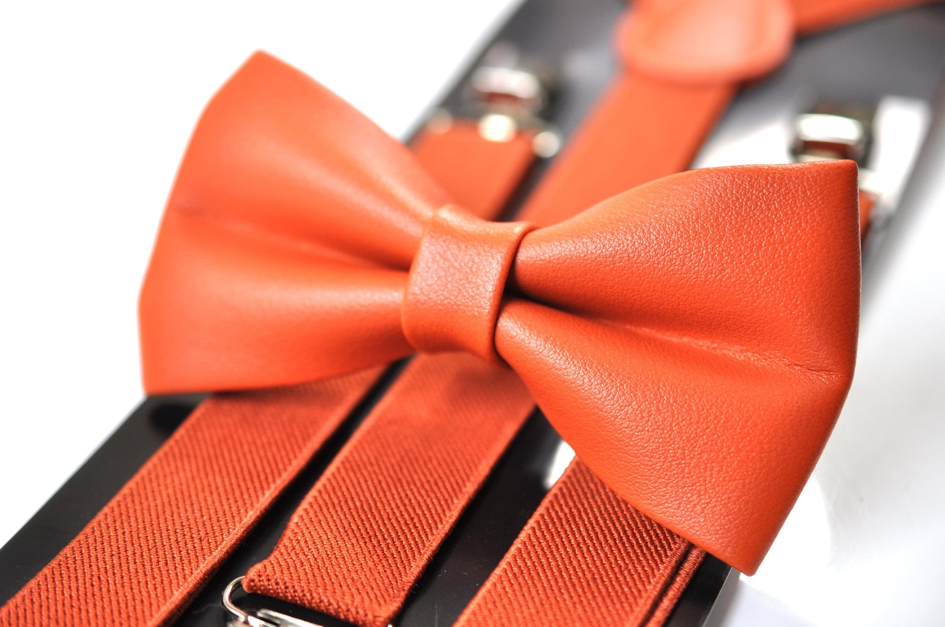 Burnt Orange Faux Leather Bow tie + Matched Suspenders Braces for Baby infant Toddler / Boy Kids / Youth Teenage / Men