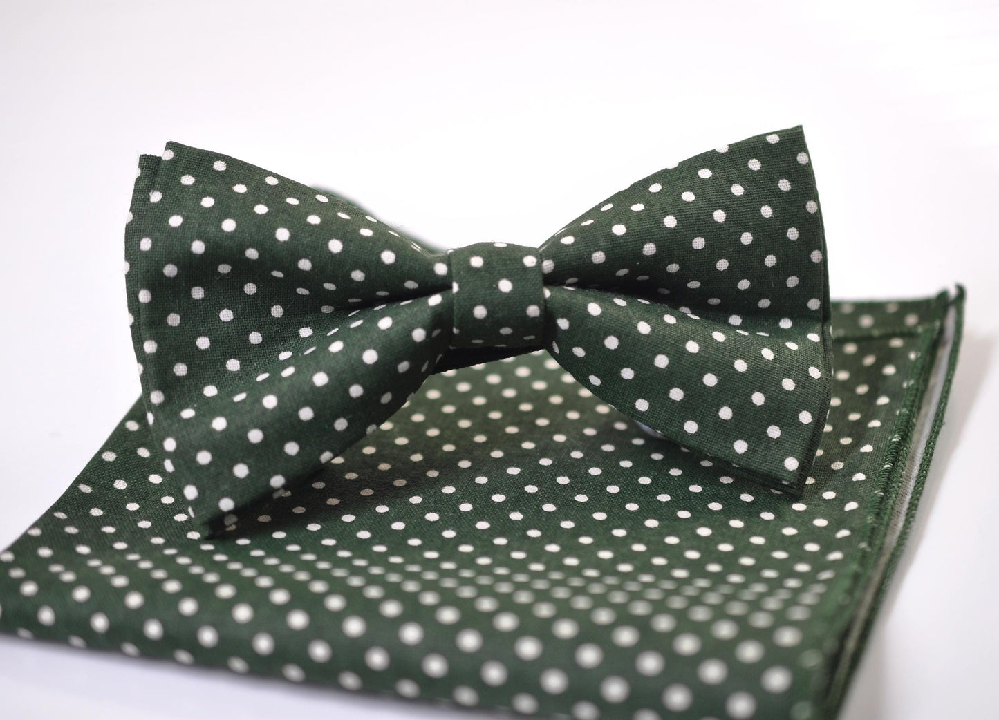 Green White Polka Dots Cotton Bow tie Bowtie + pocket Square Hanky Handkerchief Wedding for Men / Youth / Boys Kids / Baby Infant