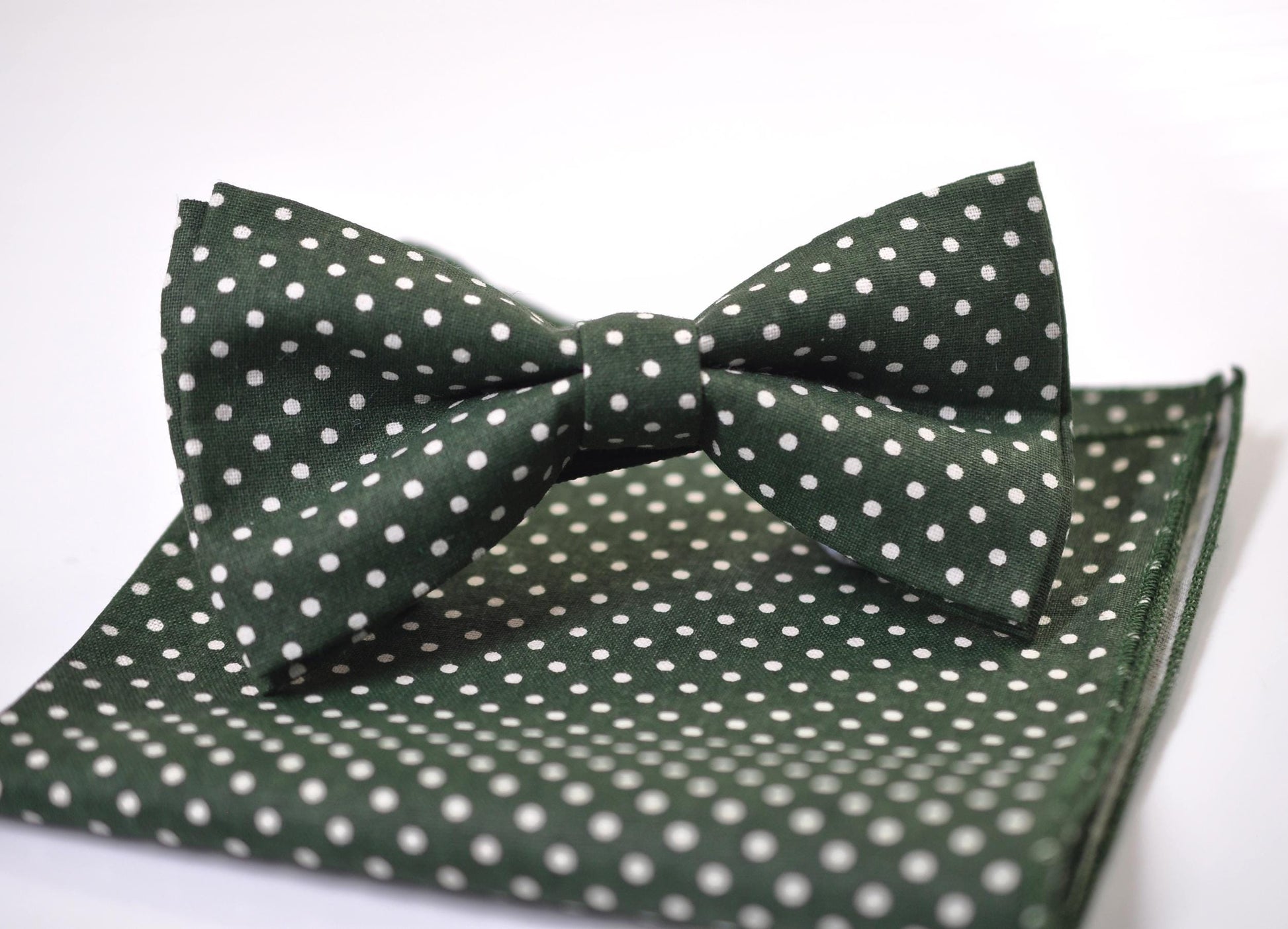 Green White Polka Dots Cotton Bow tie Bowtie + pocket Square Hanky Handkerchief Wedding for Men / Youth / Boys Kids / Baby Infant