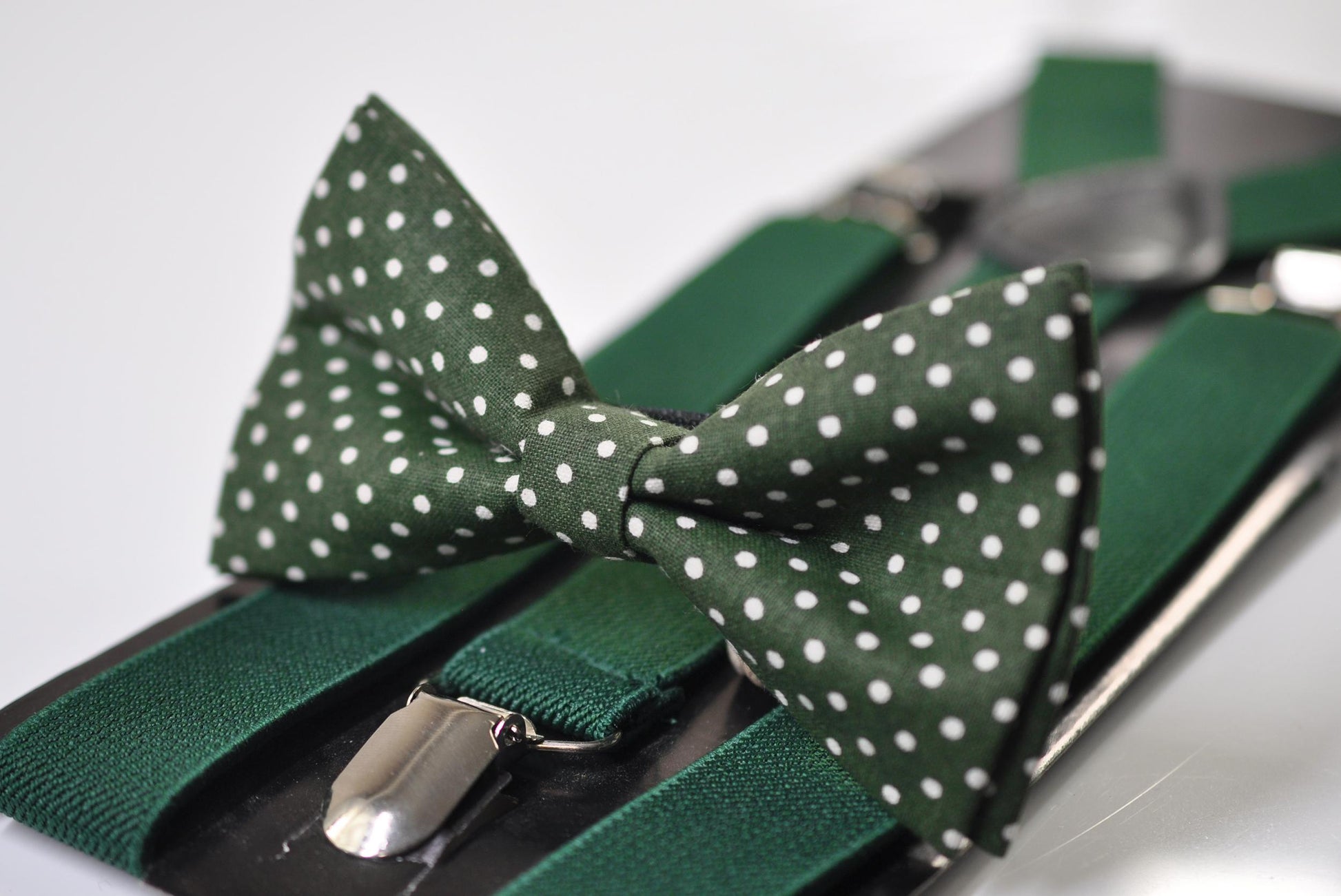 Green White Polka Dots Bow tie Bowtie + Green Elastic Suspenders Braces for Men / Youth Teenage/ Boys Kids / Baby Infant Toddler