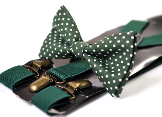 Green White Polka Dots Bow tie Bowtie + Emerald Green Suspenders Braces for Men / Youth Teenage/ Boys Kids / Baby Infant Toddler