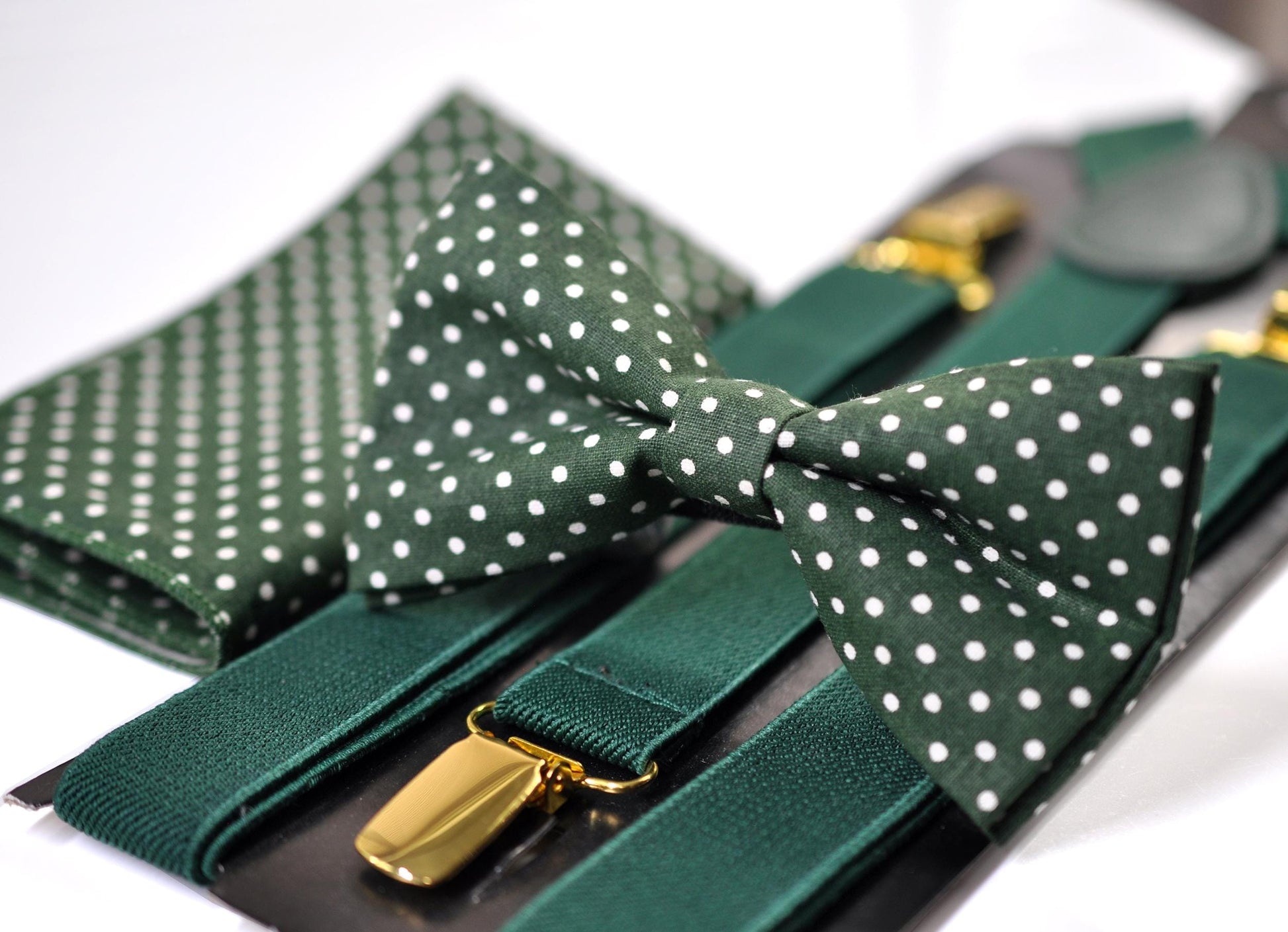 Green White Polka Dots Bow tie Bowtie + Pocket Squares + Green Elastic Suspenders Braces for Men / Youth / Boys Kids / Baby Infant Toddler