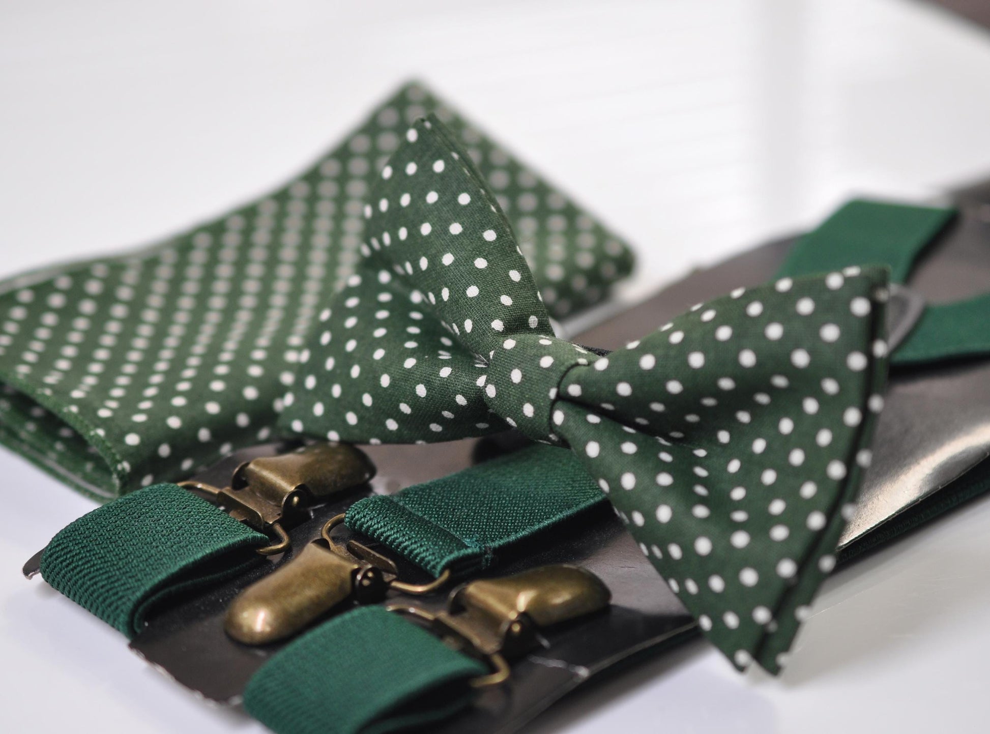 Green White Polka Dots Bow tie Bowtie + Pocket Squares + Green Elastic Suspenders Braces for Men / Youth / Boys Kids / Baby Infant Toddler