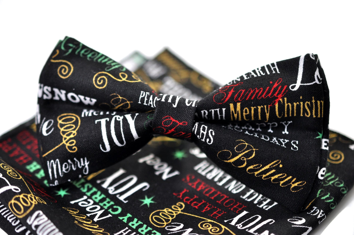 Black Festive Joy Words Print Christmas Bow tie Bowtie + Pocket Squares + Black Suspenders Braces Men /Youth/ Boys Kids/ Baby Infant Toddler