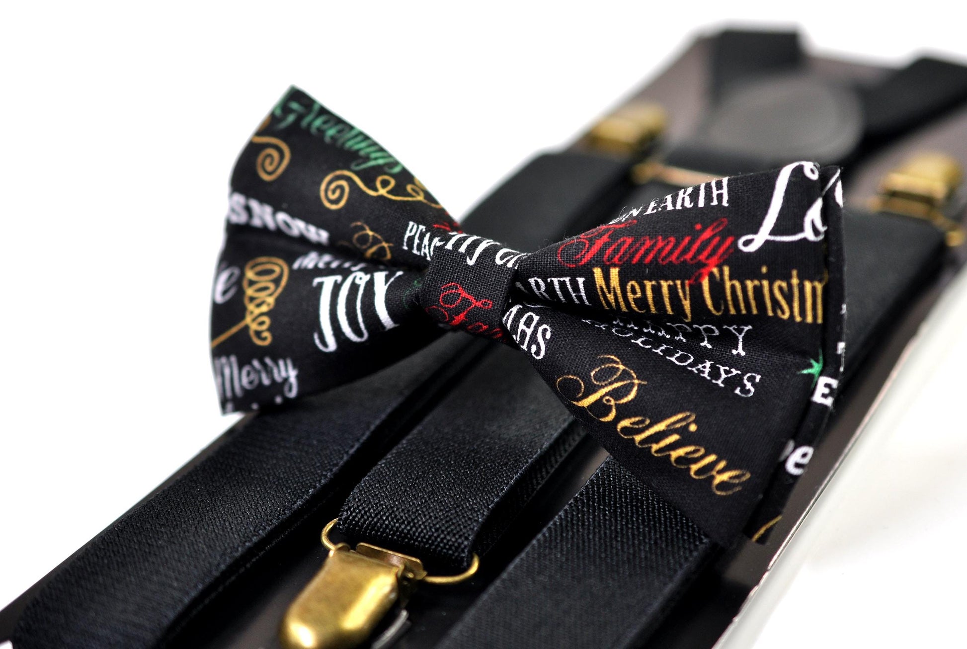 Black Festive Joy Words Print Christmas Bow tie Bowtie + Pocket Squares + Green Suspenders Braces Men /Youth/ Boys Kids/ Baby Infant Toddler