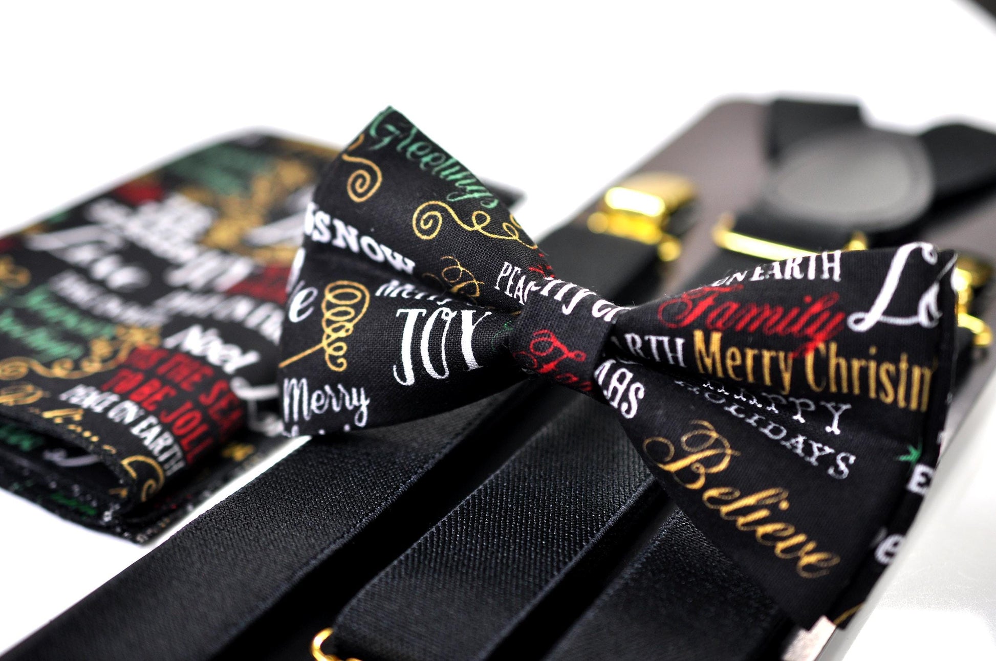 Black Festive Joy Words Print Christmas Bow tie Bowtie + Pocket Squares + Black Suspenders Braces Men /Youth/ Boys Kids/ Baby Infant Toddler
