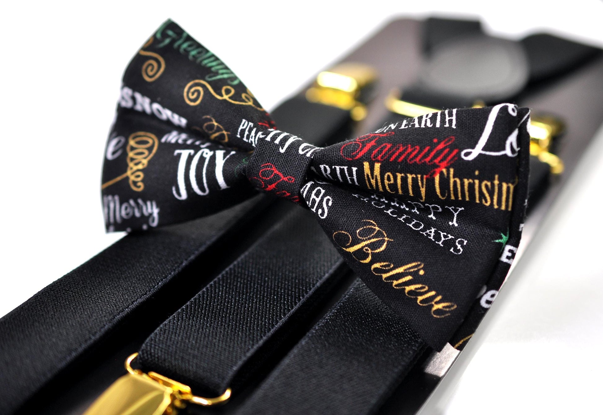 Black Festive Joy Words Print Christmas Bow tie Bowtie + Pocket Squares + Black Suspenders Braces Men /Youth/ Boys Kids/ Baby Infant Toddler