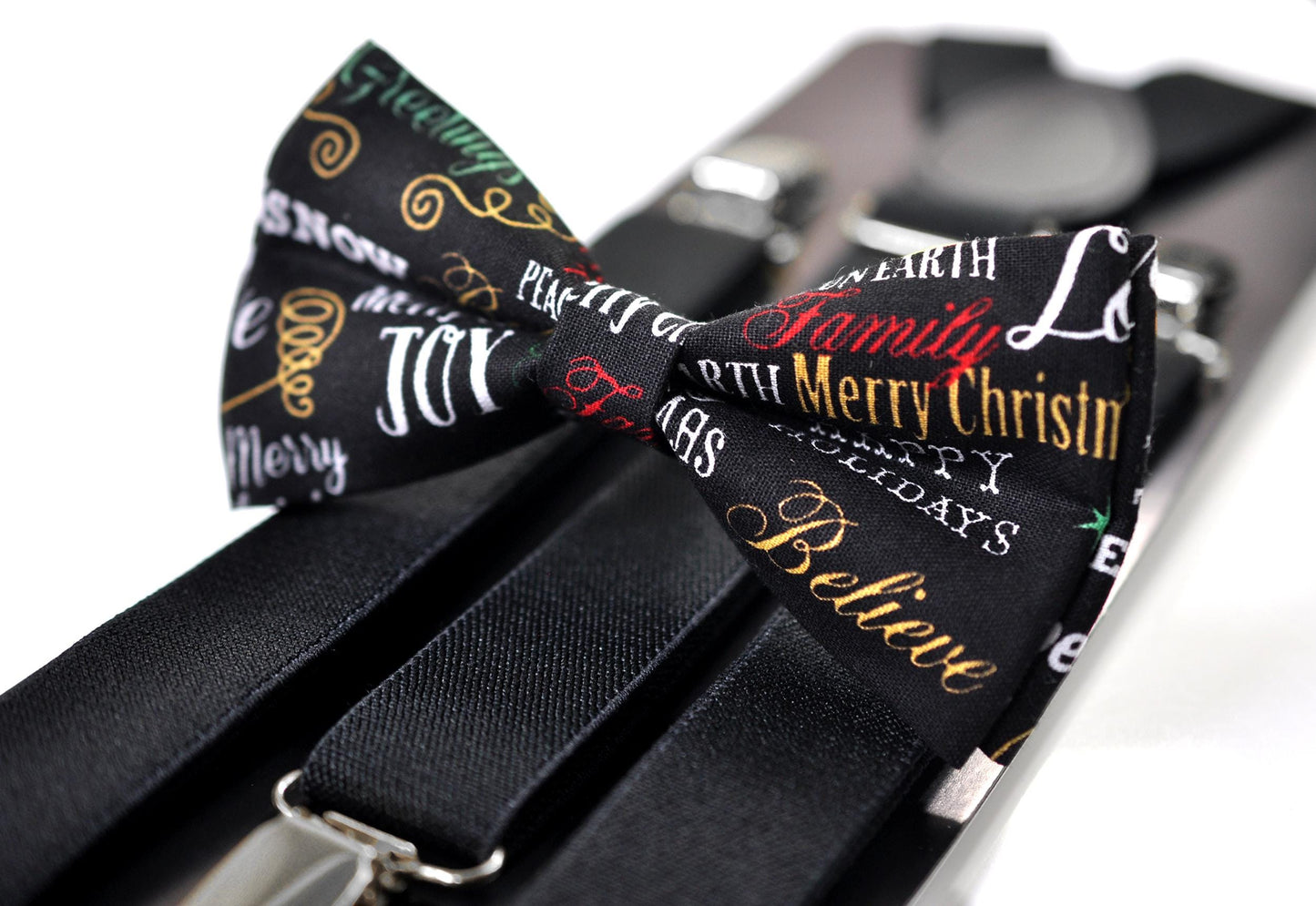 Black Festive Joy Words Print Christmas Bow tie Bowtie + Pocket Squares + Black Suspenders Braces Men /Youth/ Boys Kids/ Baby Infant Toddler