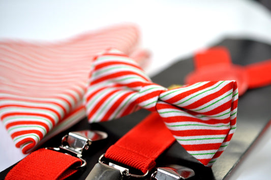 Red White Green Candy Stripes Christmas Bow tie Bowtie + Pocket Squares + Red Suspenders Braces Men /Youth/ Boys Kids/ Baby Infant Toddler