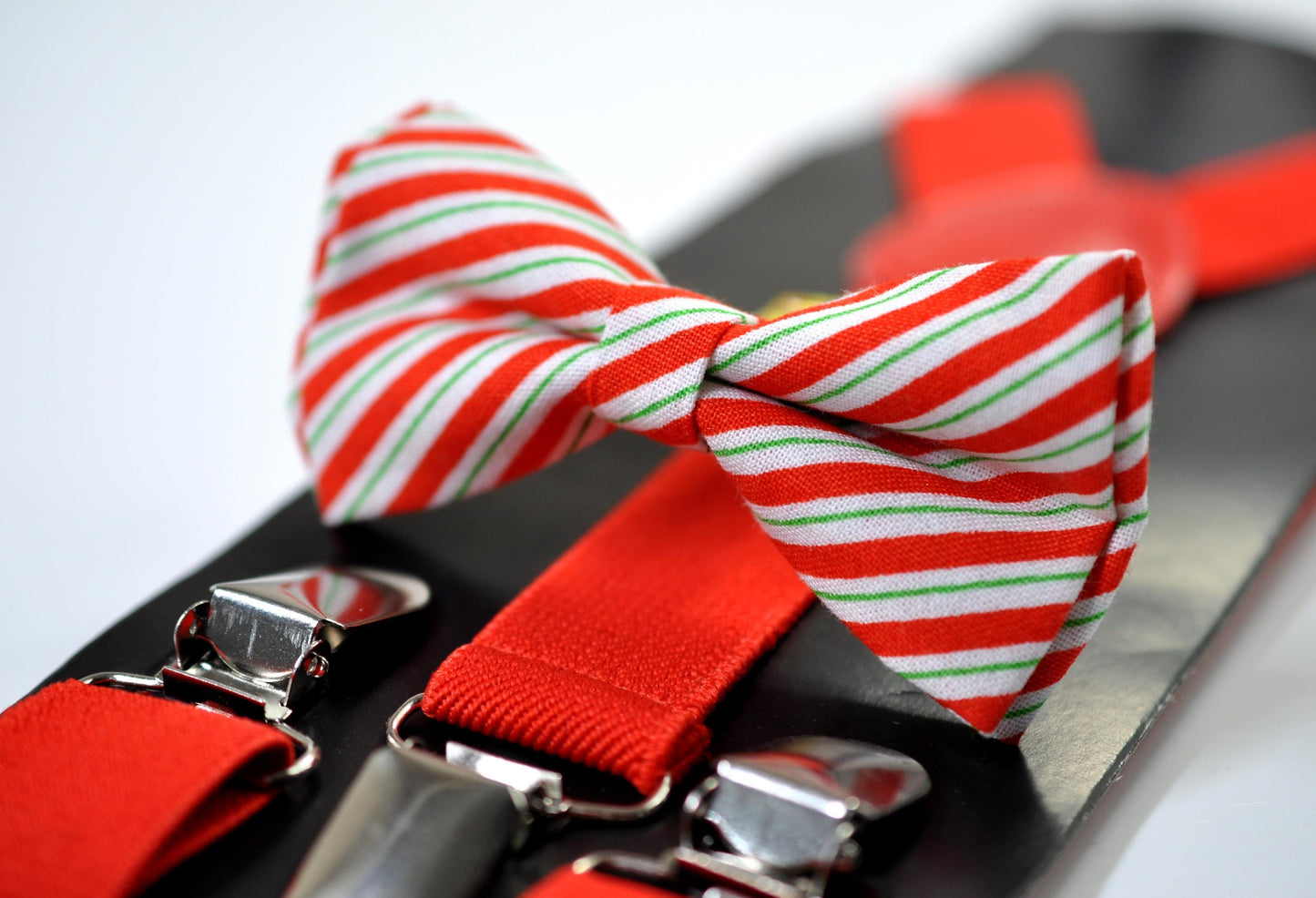 Red White Green Candy Stripes Christmas Bow tie Bowtie + Pocket Squares + Red Suspenders Braces Men /Youth/ Boys Kids/ Baby Infant Toddler
