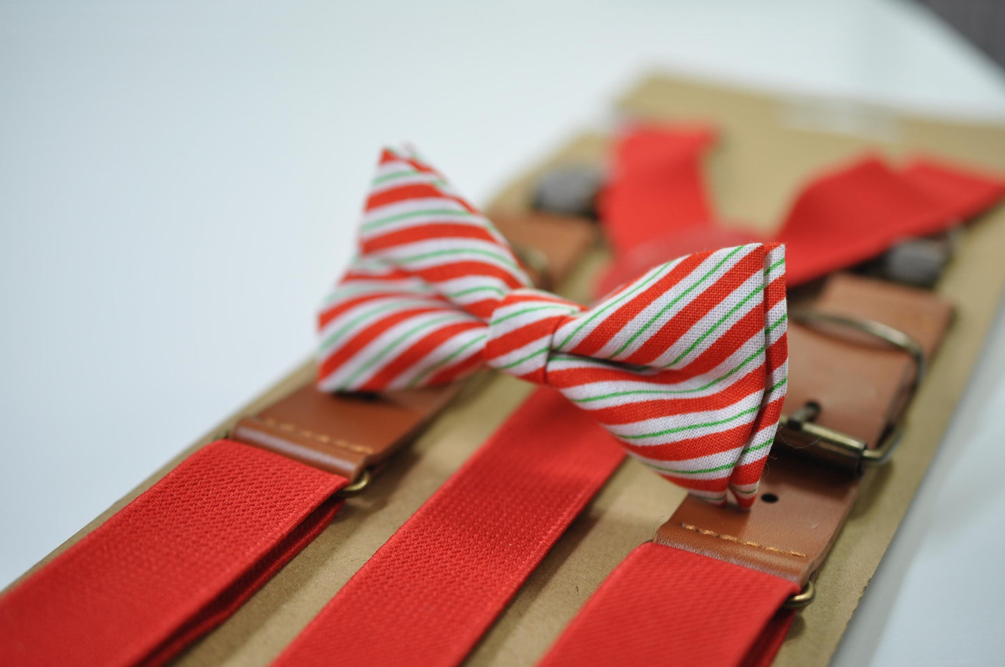 Red White Green Candy Stripes Christmas Bow tie Bowtie + Pocket Squares + Red Suspenders Braces Men /Youth/ Boys Kids/ Baby Infant Toddler