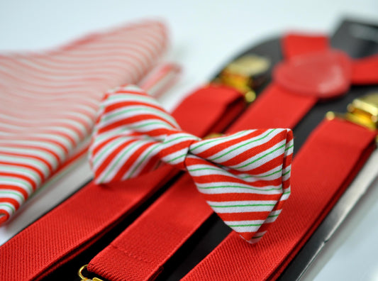 Red White Green Candy Stripes Christmas Bow tie Bowtie + Pocket Squares + Red Suspenders Braces Men /Youth/ Boys Kids/ Baby Infant Toddler