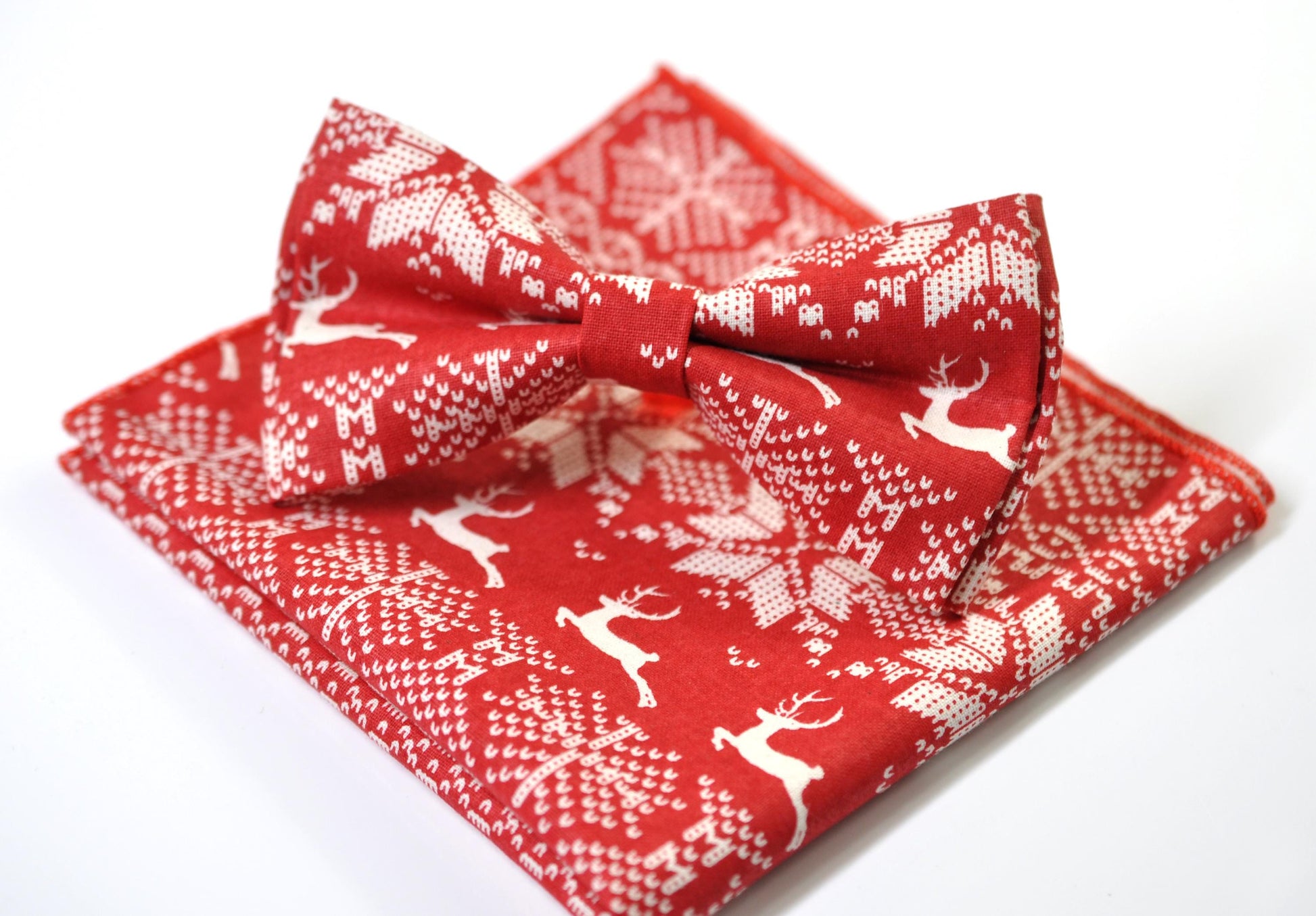Red White Deer Elks ELK Christmas Xmas Cotton Bow tie Bowtie Pocket Square for Baby Infant Toddler / Boy Kids / Youth Teenage / Men Adult