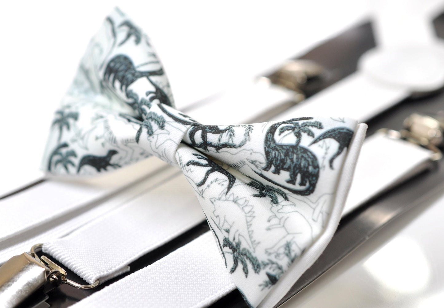 Black Dinosaur White Cotton Bow tie Bowtie + White Suspenders Braces for Men / Youth Teenage/ Boys Kids / Baby Infant Toddler
