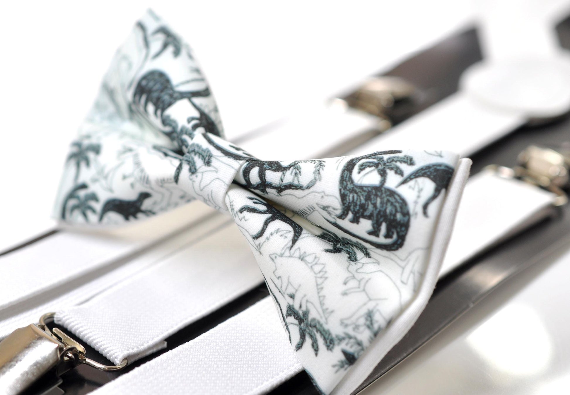 Black Dinosaur White Cotton Bow tie Bowtie + White Suspenders Braces for Men / Youth Teenage/ Boys Kids / Baby Infant Toddler