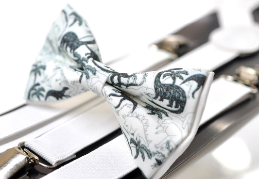 Black Dinosaur White Cotton Bow tie Bowtie + White Suspenders Braces for Men / Youth Teenage/ Boys Kids / Baby Infant Toddler